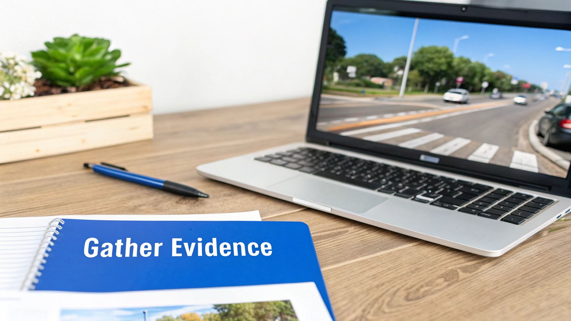 A laptop displays a street with cars, next to a pen and a notebook titled 'Gather Evidence' on a wooden desk.