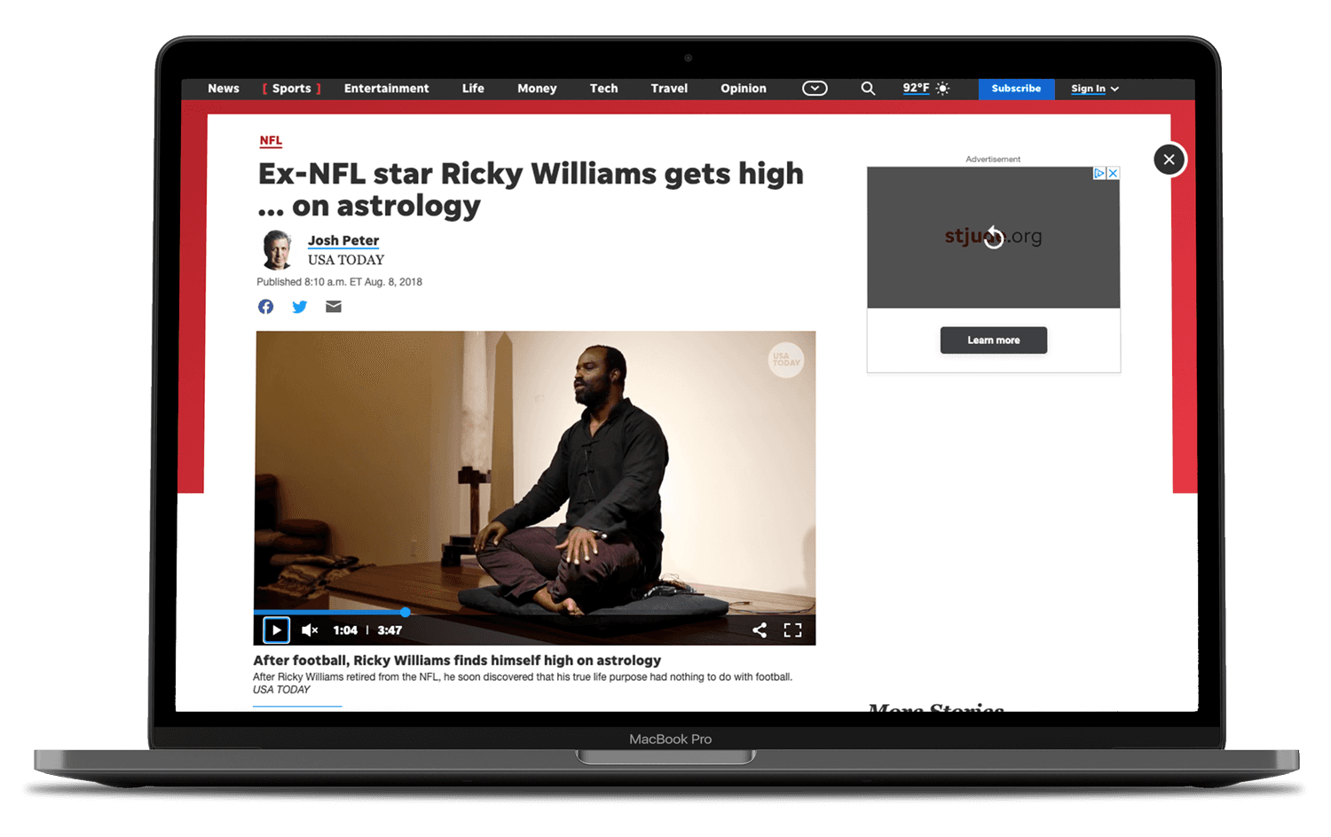 A screenshot of a news article entitled "Ex-NFL star Ricky Williams gets high... on astrology