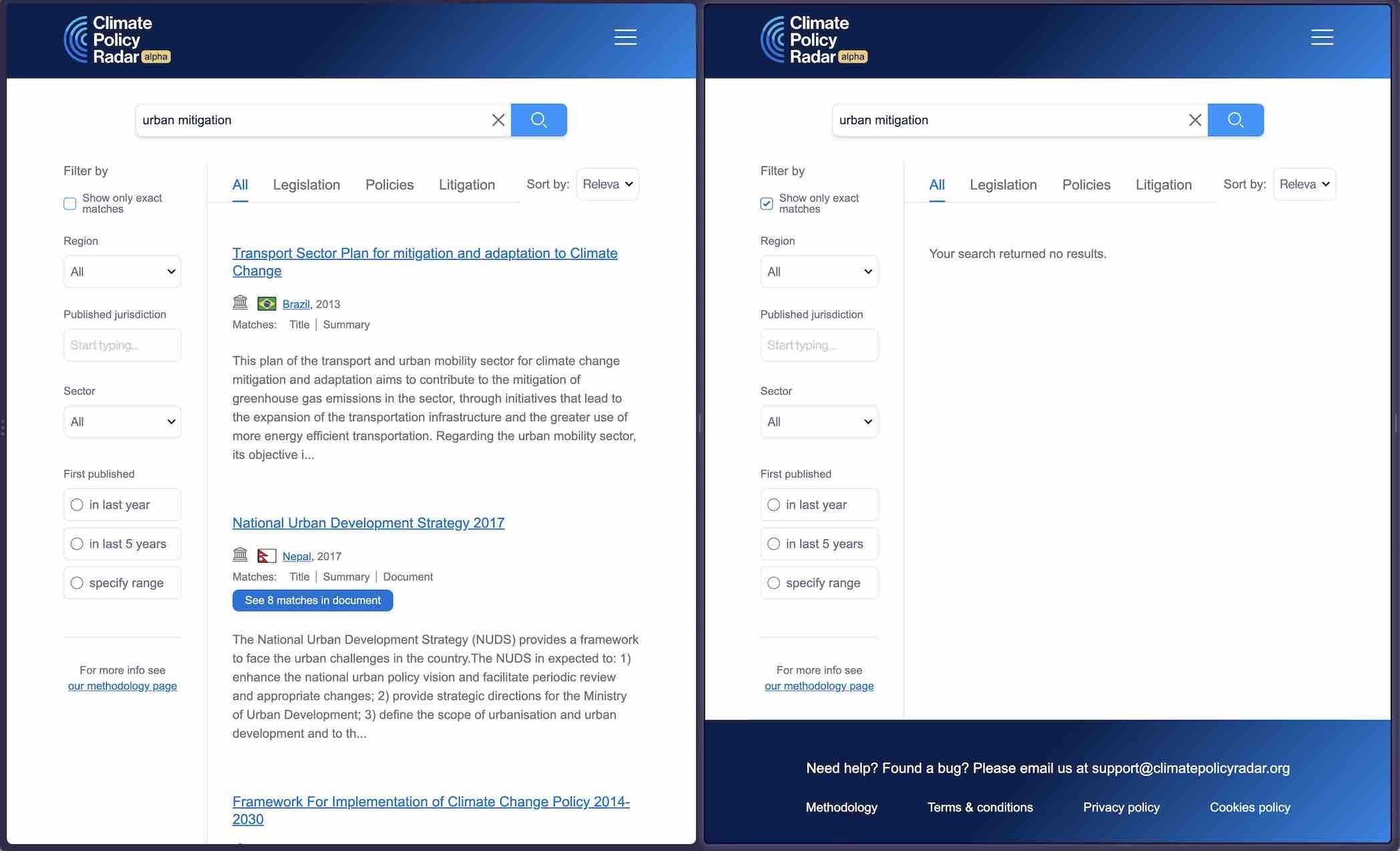  Left: natural language search reveals that there are several parts of policies relevant to the concept of ‘urban mitigation’. Right: an exact search on Climate Policy Radar for ‘urban mitigation’ returns no results. 