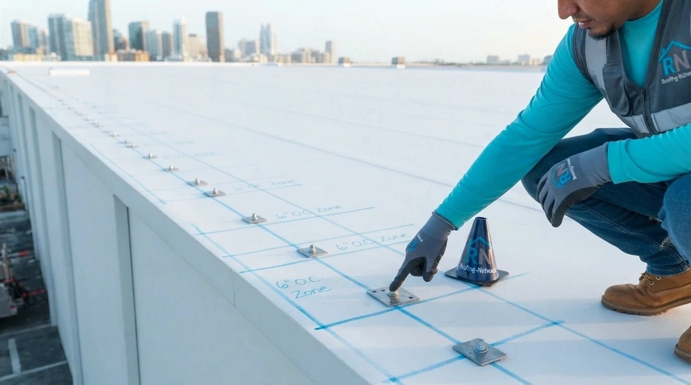 Enhanced perimeter fastening zone marked out on a Deerfield Beach warehouse roof
