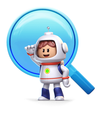 De astro mascotte die door een vergrootglas kijkt