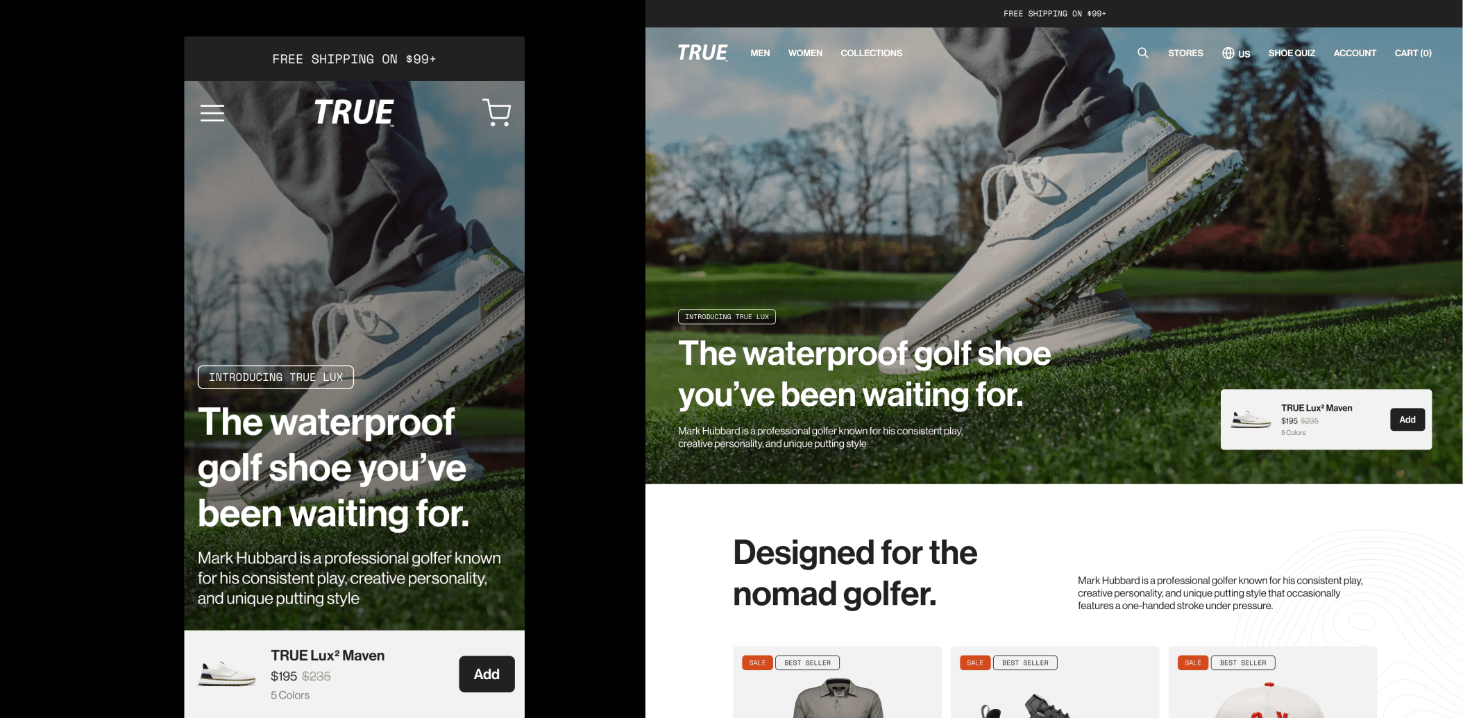 Shopify storefront for True Linkswear showcasing golf footwear collections and homepage merchandising