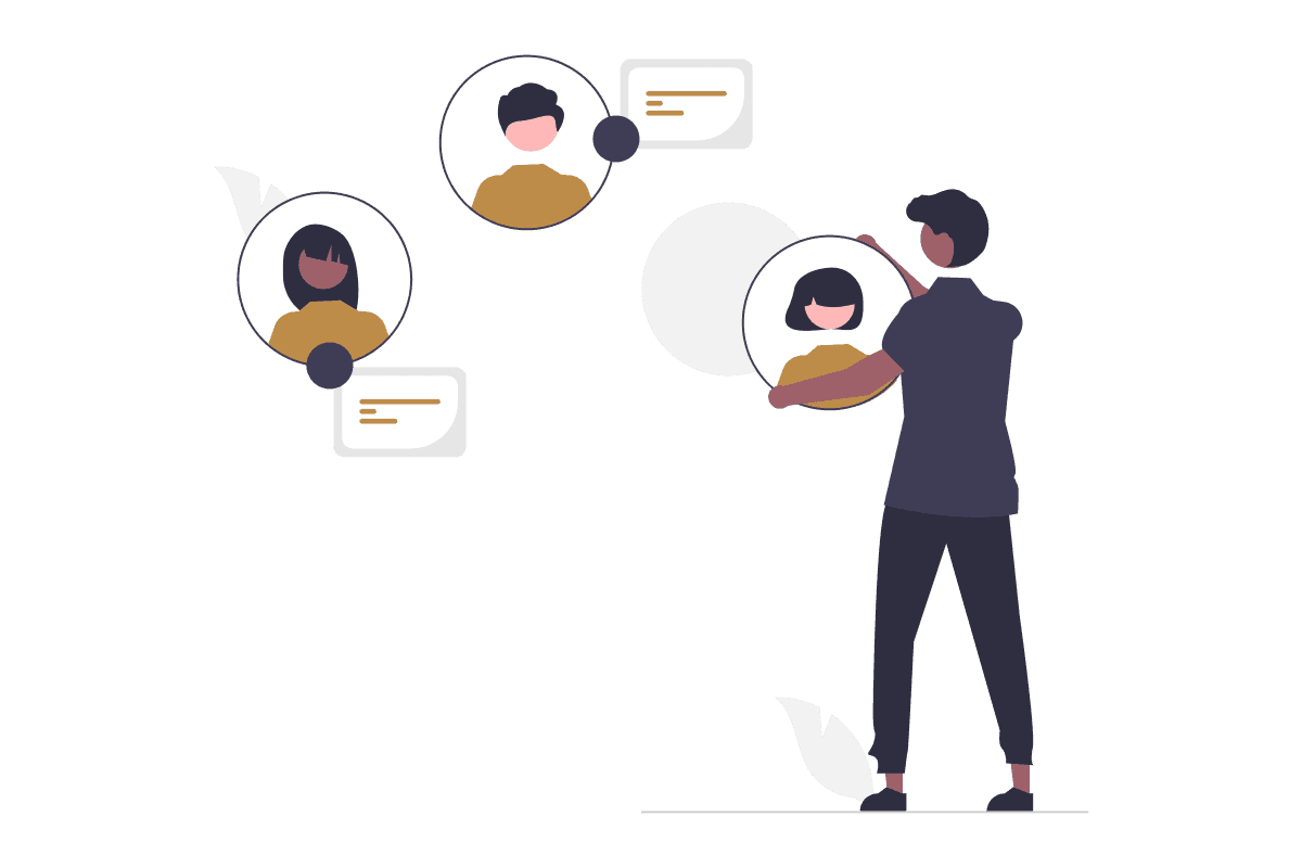 Person vernetzt sich mit anderen in Kreisen dargestellt - repräsentiert crossfunktionale Zusammenarbeit und Netzwerkbildung