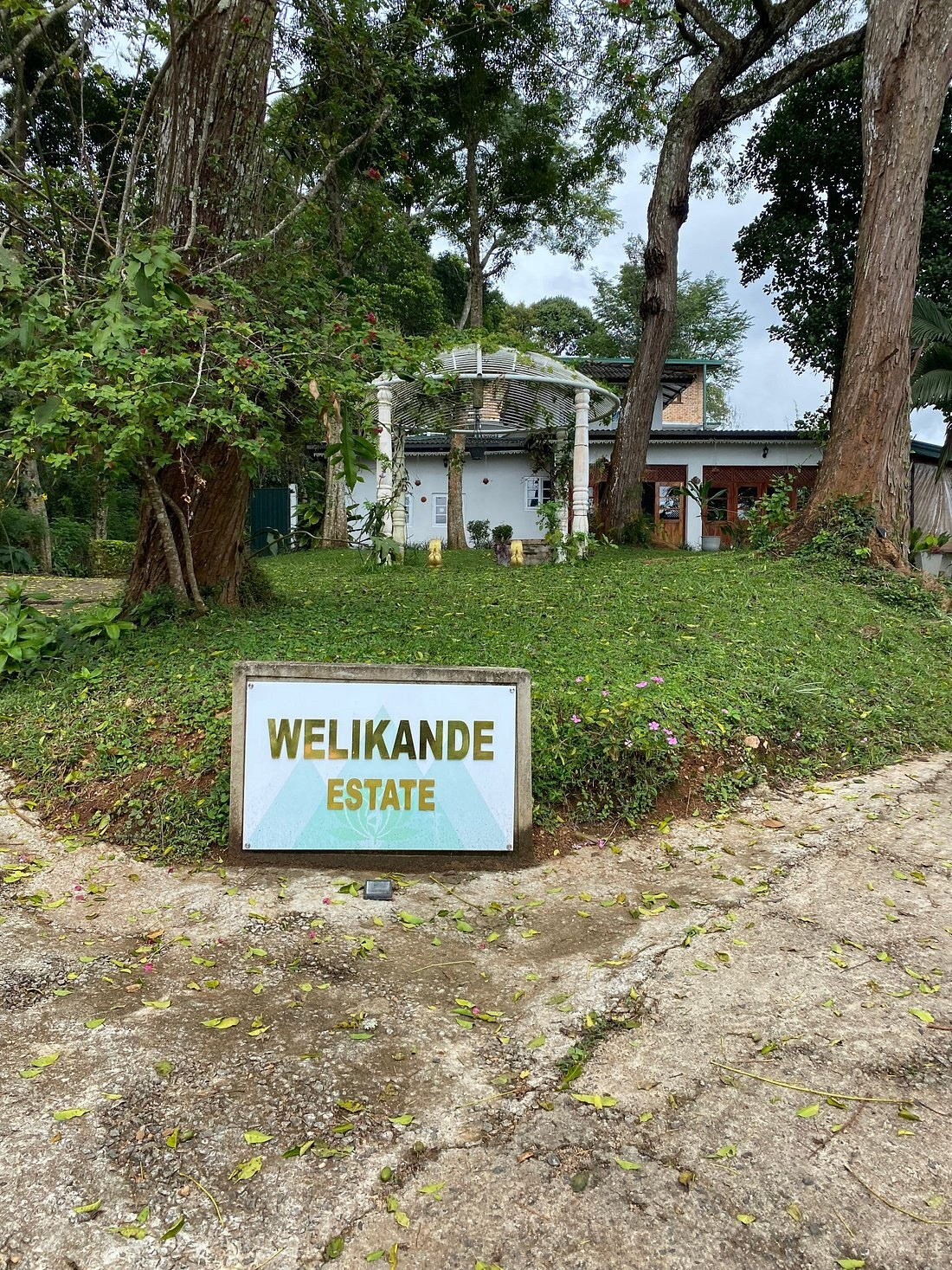A sign reading "WELIKANDE ESTATE" in front of a white building nestled among tropical trees.