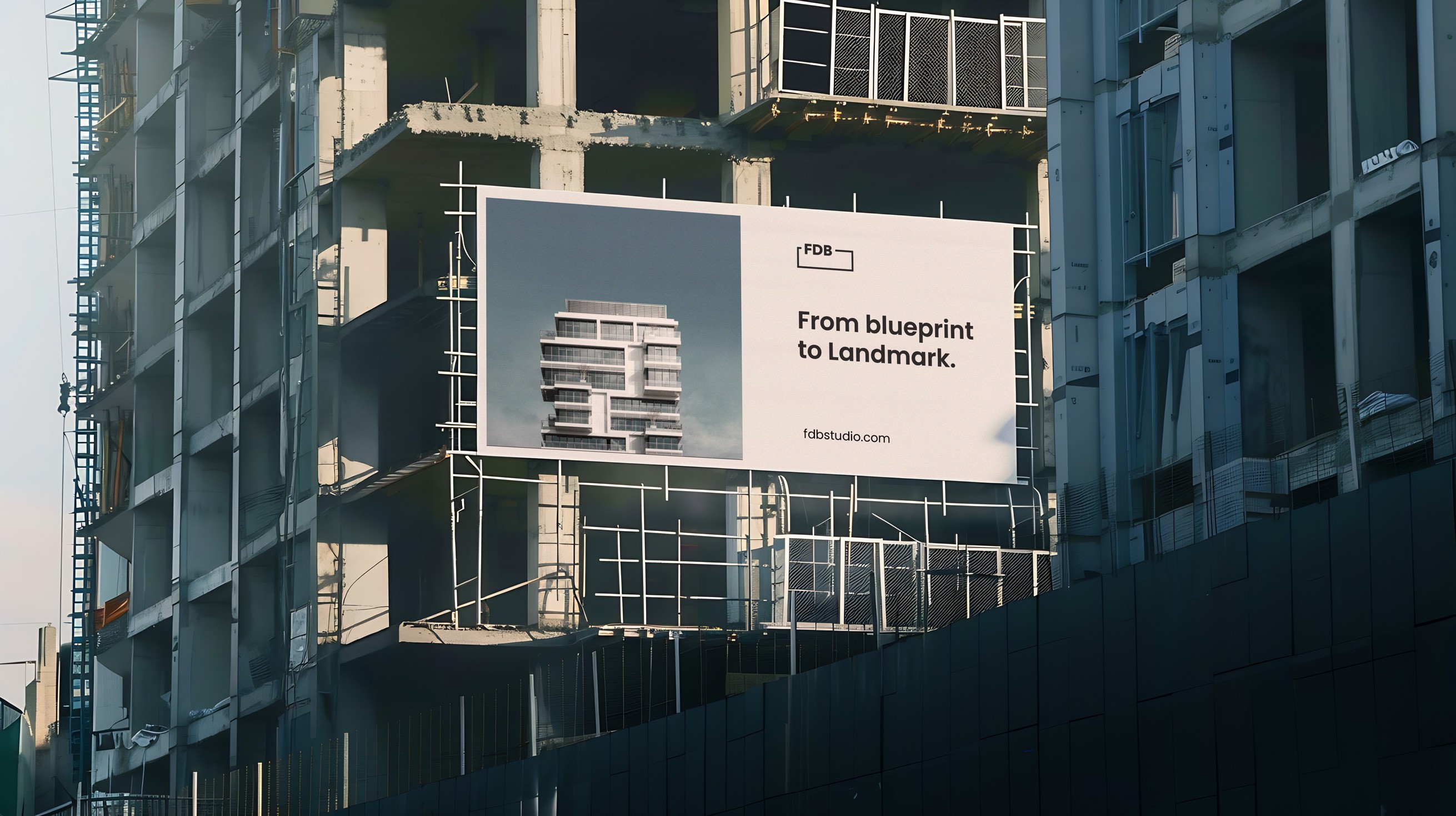 Large-scale outdoor billboard mockup featuring a minimalist real estate brand identity on an active construction site building.