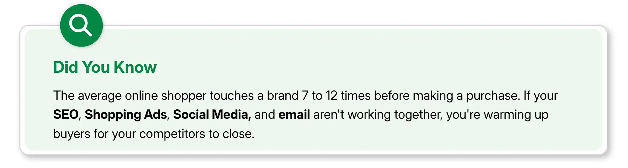 Marketing tip about brand touchpoints, SEO, Shopping Ads, Social Media, and email integration.