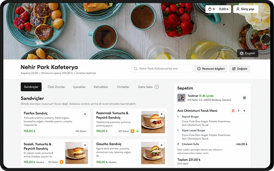 Restoran online sipariş yönetim paneli ve sepet ekranı