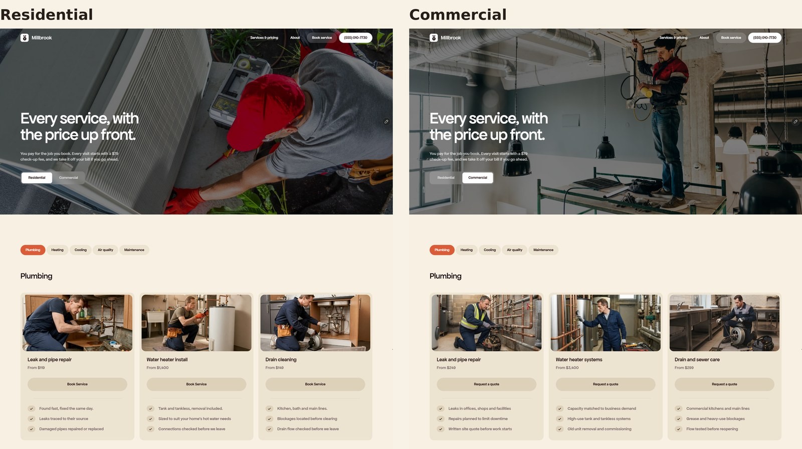Millbrook template pricing — residential and commercial prices with the $79 check-up fee