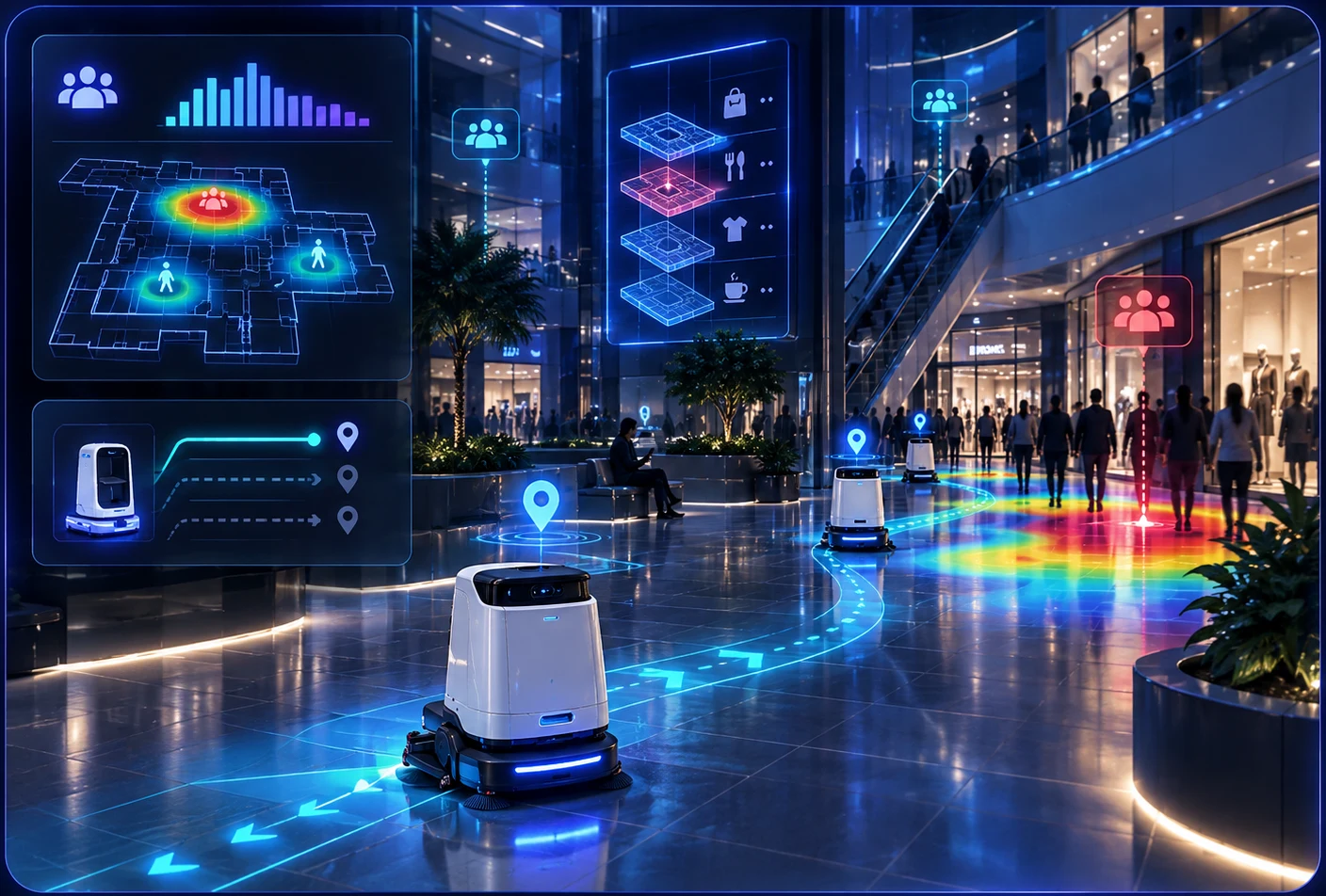 Cleaning robots in a shopping mall routed by live footfall heatmaps
