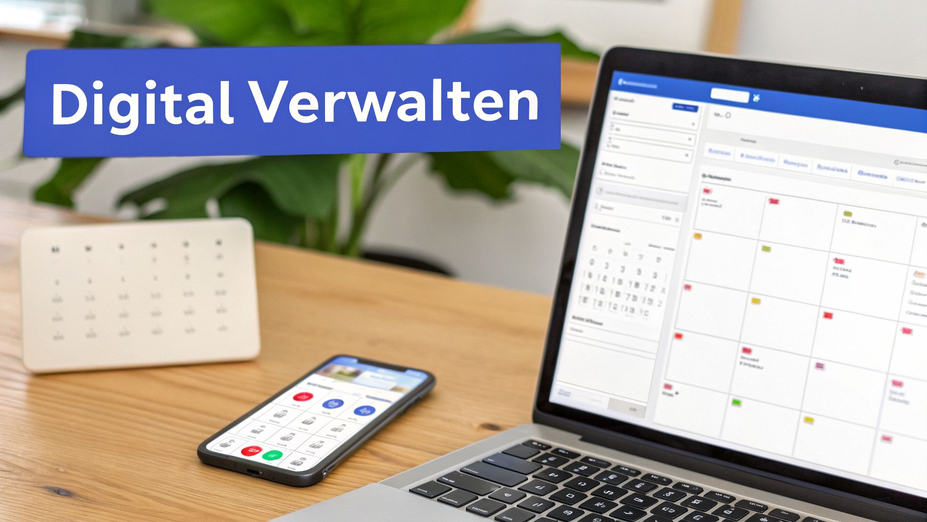 Digitales Management: Laptop mit Kalenderansicht, Smartphone und Tischkalender auf einem Schreibtisch.