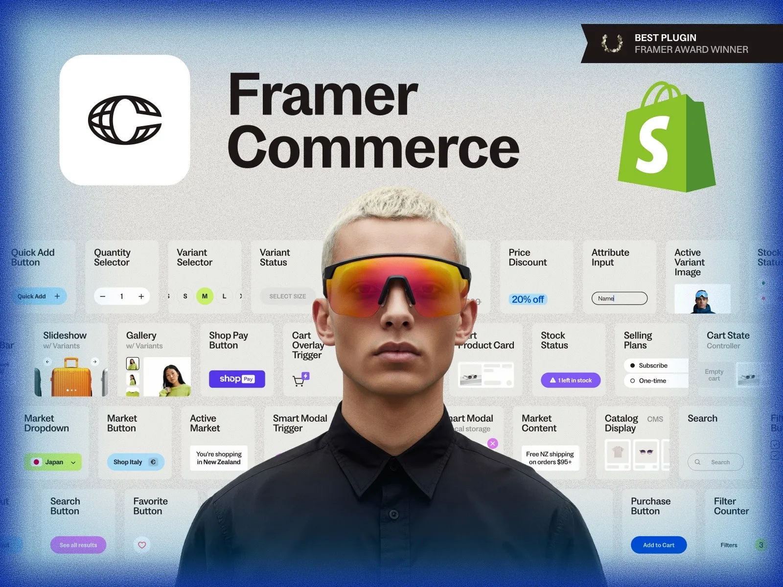 Man with sunglasses in front of a Framer Commerce and Shopify background.
