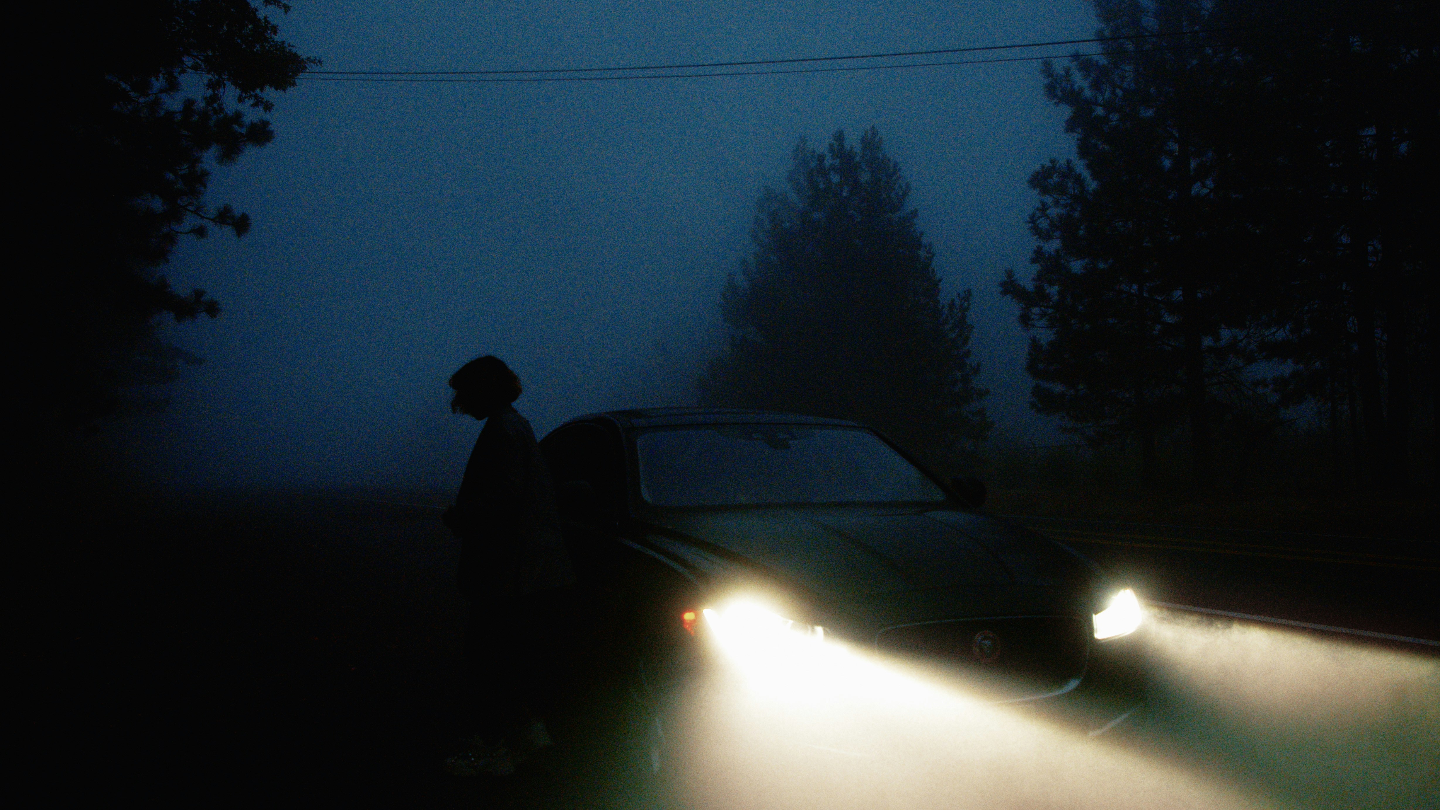 Person standing by car in foggy darkness