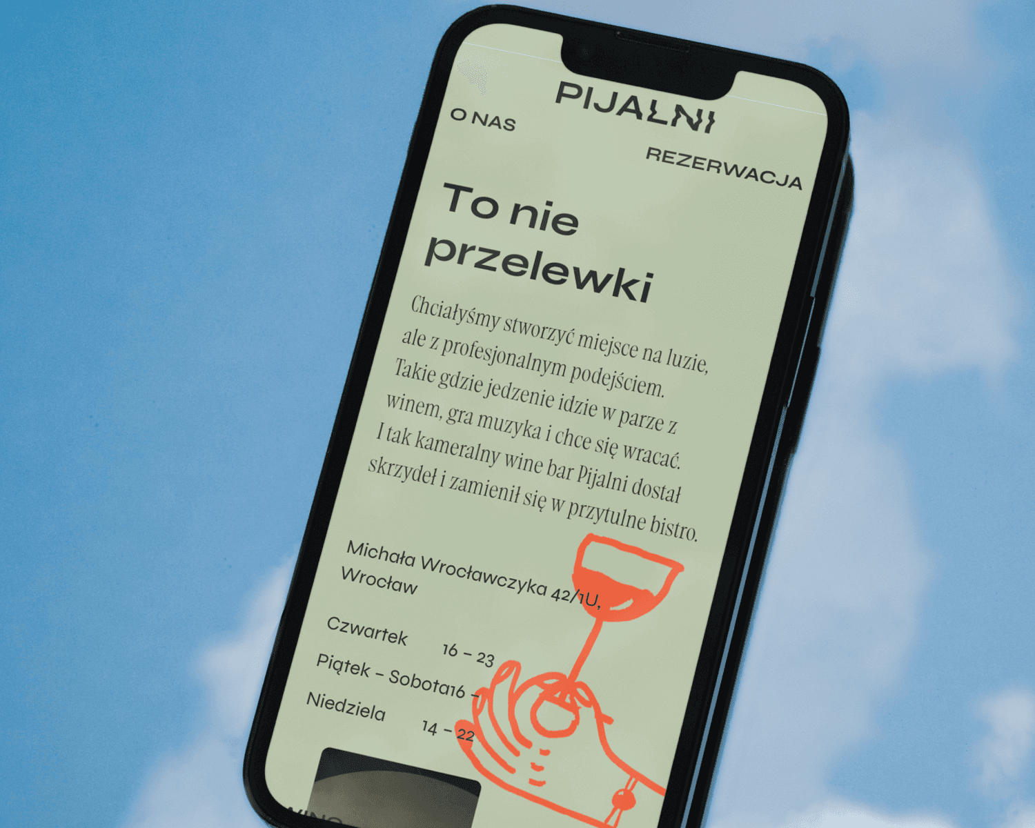 A smartphone displaying a website of Pijalni wine bar on a cloudy background, featuring text and a hand-drawn illustration.