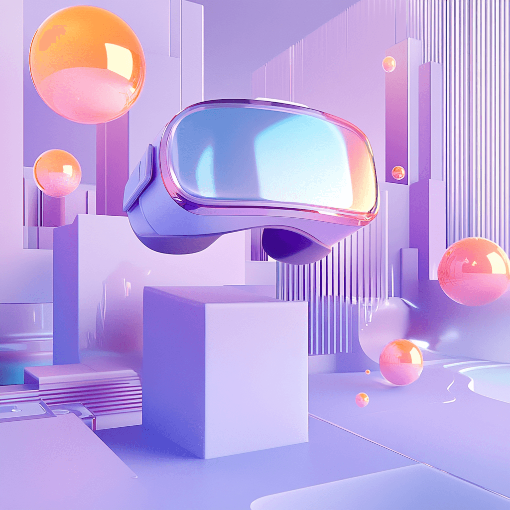 This image displays a futuristic VR headset floating in a surreal, colorful environment, symbolizing the innovation behind VR app development. The reflective visor and sleek design of the headset highlight its advanced functionality in the field of Virtual Reality app development, where developers use such devices to build immersive, interactive experiences. The vibrant, abstract background represents the limitless possibilities available to Virtual Reality app developers as they create cutting-edge applications for gaming, education, and entertainment. The soft, glowing orbs and geometric shapes surrounding the headset illustrate the creative and technical aspects of VR software development, which focuses on enhancing user experience through seamless interaction with virtual environments. This image also reflects the critical role of VR app publishing, where developers bring their virtual reality creations to a wide audience, pushing the boundaries of what is possible in Virtual Reality technology.