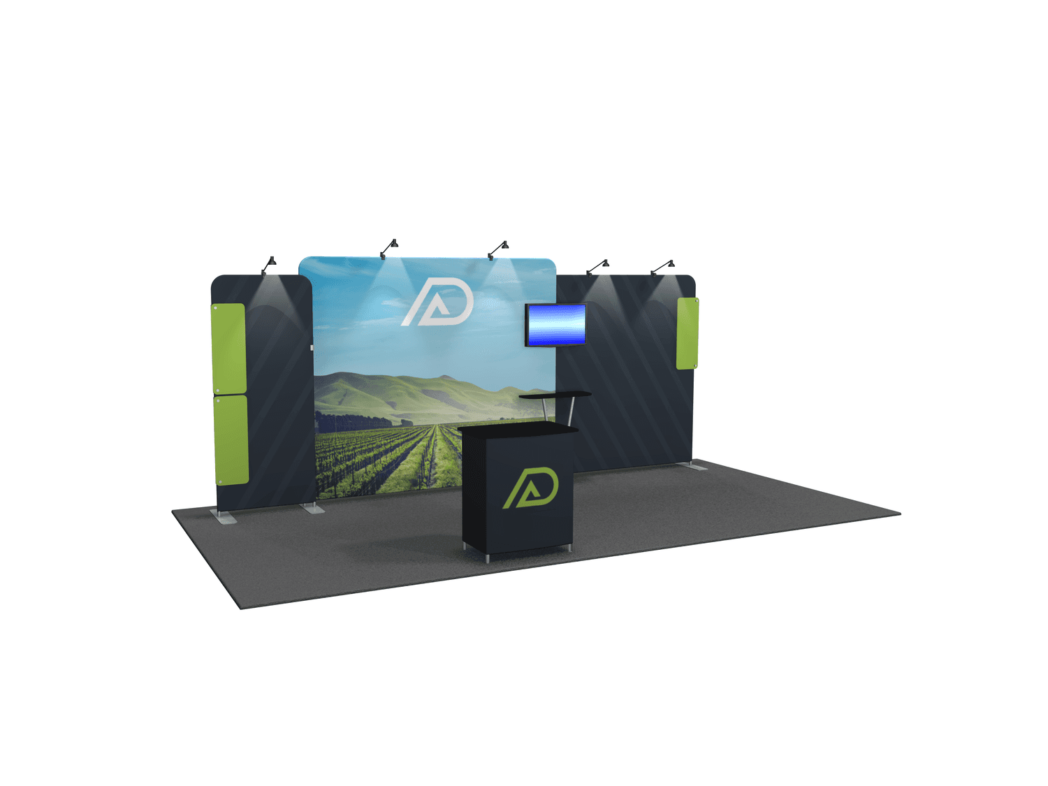 Modern 10×20 portable exhibit using aluminum extrusion frame and tension fabric graphics—lightweight, reusable trade show booth fabrication example.