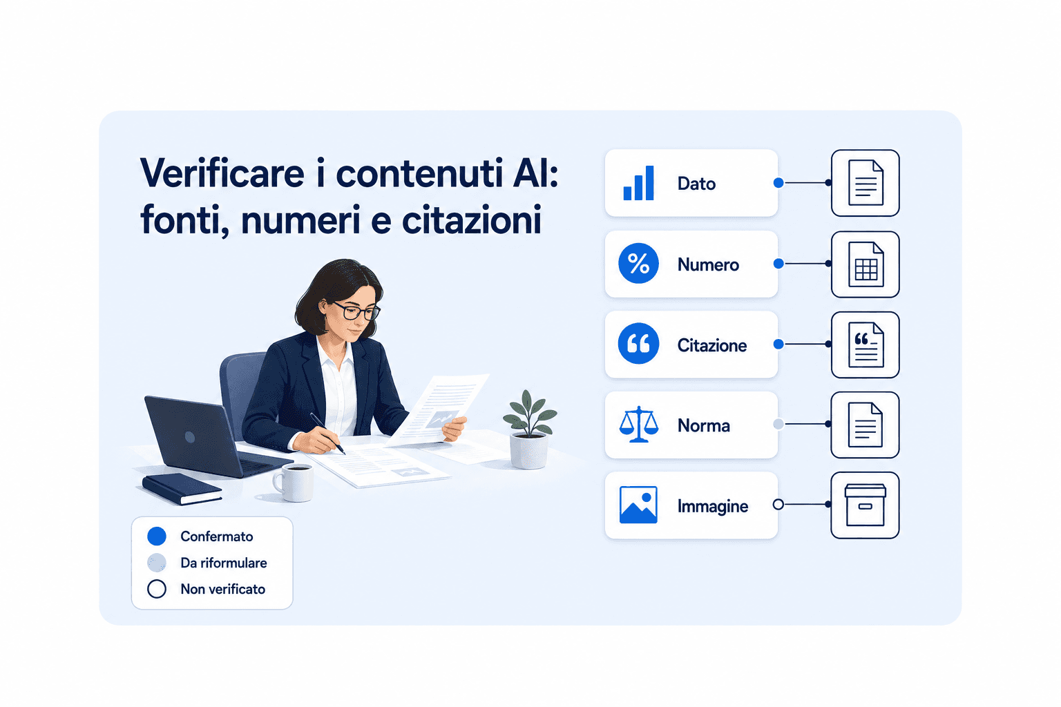 Responsabile editoriale di una PMI verifica un contenuto AI collegando affermazioni, numeri e citazioni alle relative fonti originarie.