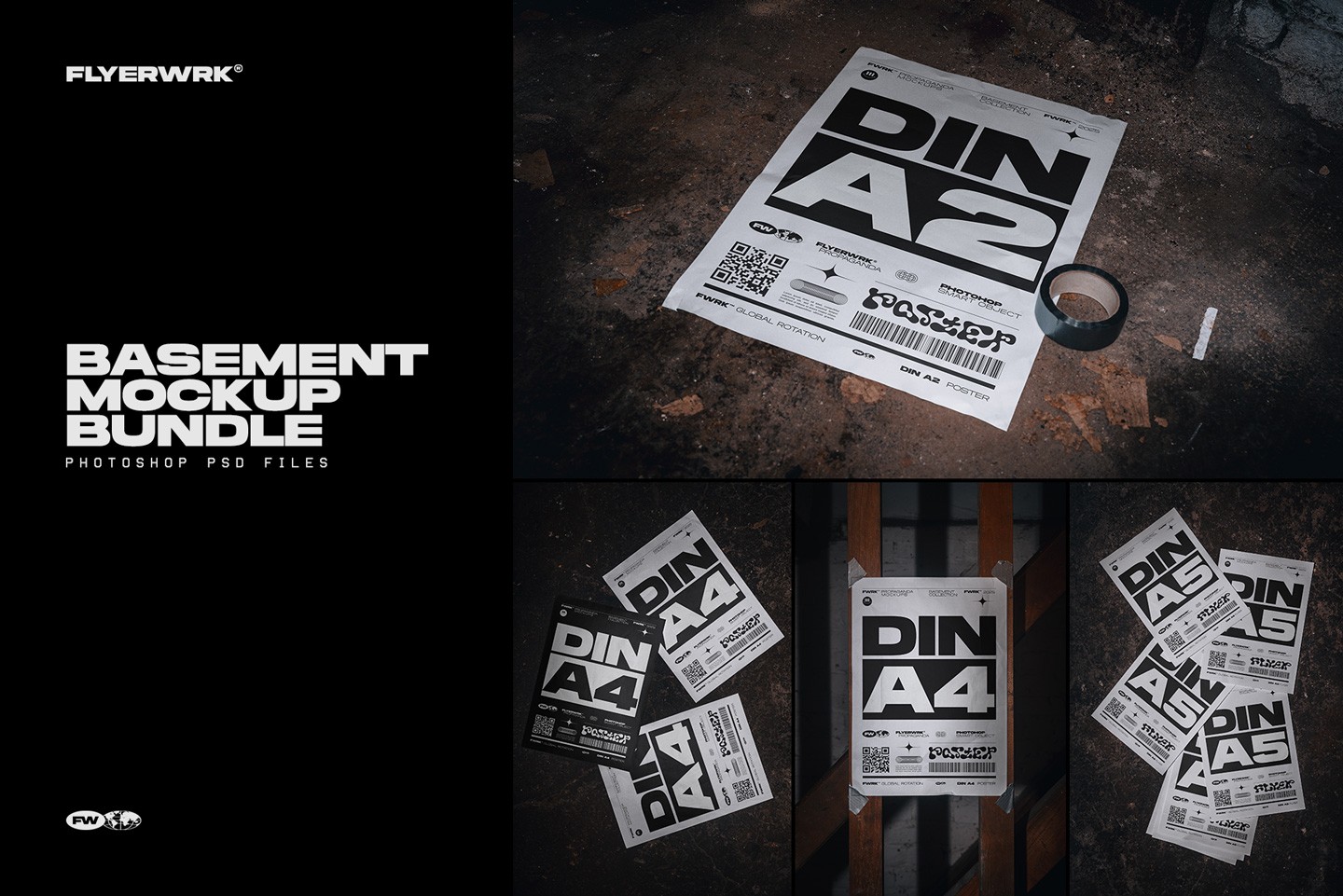 Basement poster mockup bundle showing gritty underground posters and flyer layouts