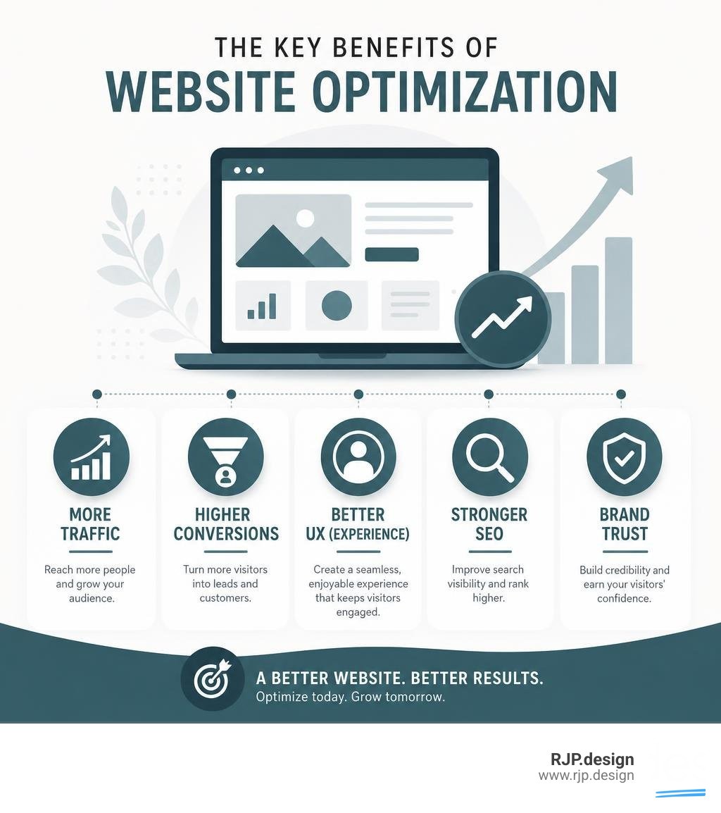 Infographic showing key benefits of website optimization: more traffic, higher conversions, better UX, stronger SEO, and