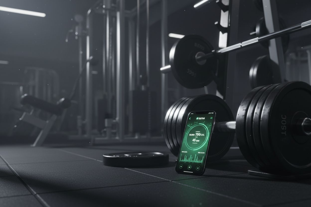 A smartphone displaying workout progress next to gym equipment