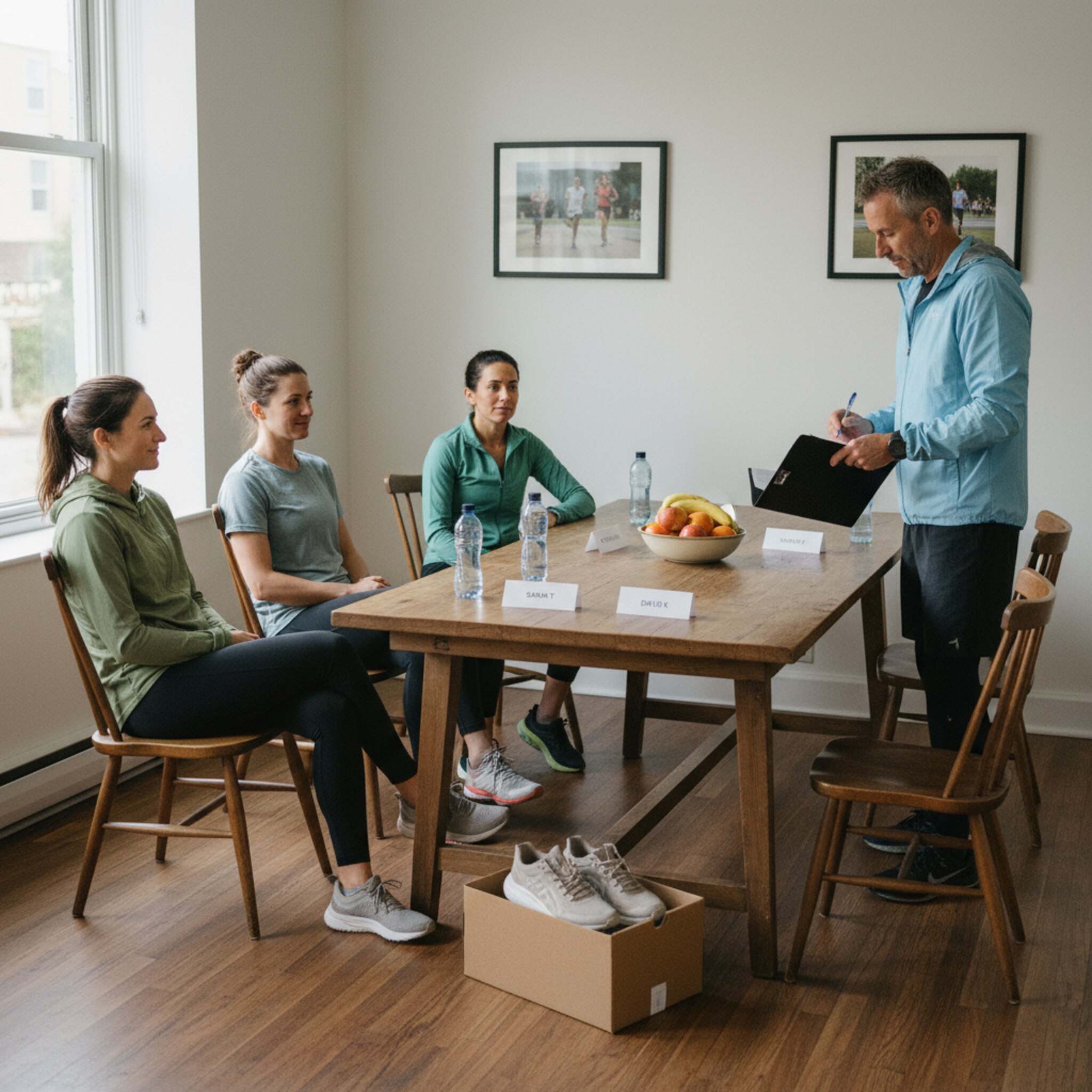 Nach einem Workshop sitzen Läufer an einem Holztisch im Vereinsheim. Eine Box mit Testschuhen steht daneben, Namensschilder liegen ordentlich bereit. Der Coach bestätigt Teilnahme auf einer Liste und sortiert Belege in einen Ordner. Die Stimmung ist ruhig und professionell.