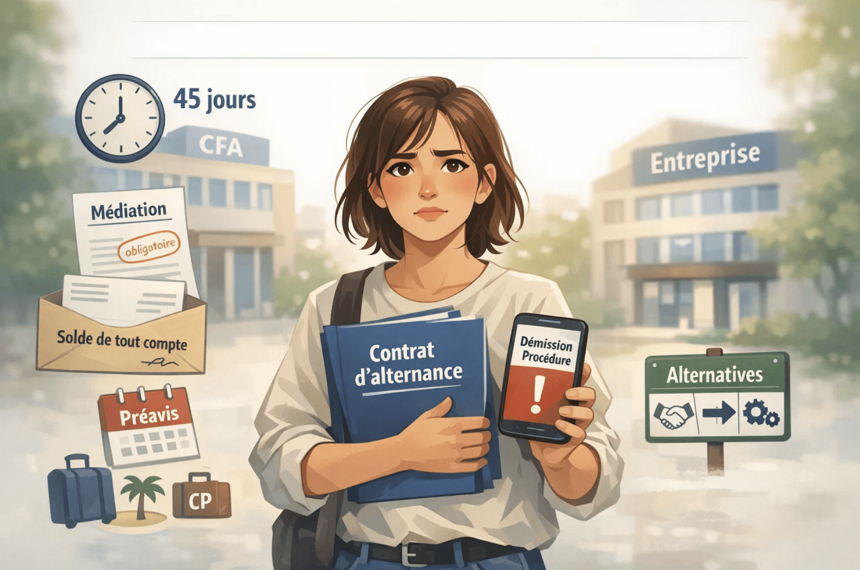 Illustration horizontale 16:9 sur la démission en alternance : un alternant stressé tient un dossier « contrat d’alternance » et un téléphone, placé entre un bâtiment « CFA » et une « entreprise ». Autour, des pictogrammes « 45 jours », « médiation », « préavis », « solde de tout compte alternance », « congés payés », et des chemins « alternatives à la démission en alternance » (pour rompre un contrat d’apprentissage ou une rupture de contrat de professionnalisation), sur un fond moderne et lumineux.