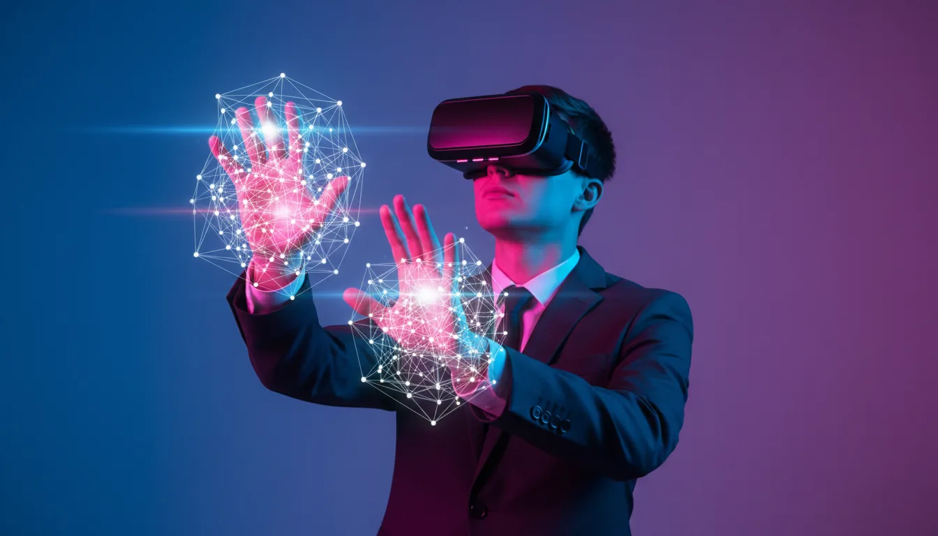 A stylized conceptual photograph of a person in a dark business suit wearing a VR headset, looking up and reaching out with both hands to interact with a virtual interface. The scene is dominated by vibrant, cinematic duotone lighting, with intense electric blue and glowing magenta neon colors highlighting the subject. A futuristic, glowing white plexus network of connected nodes and lines with bright lens flares is overlaid in the foreground, surrounding the person's hands and head, representing the metaverse. The background is a soft gradient of blue and purple.