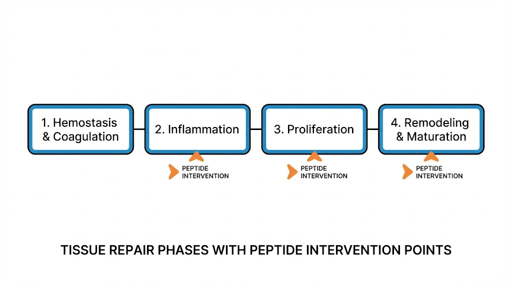 Tissue repair phases diagram showing hemostasis, inflammation, proliferation, and remodeling with peptide targets