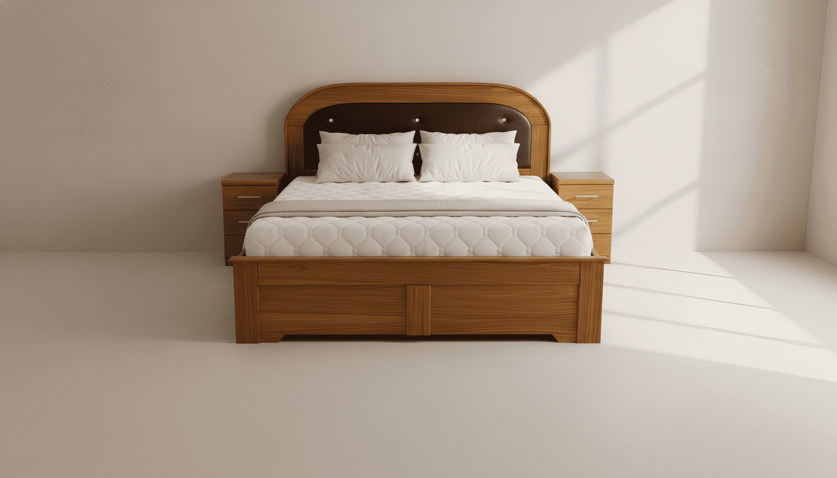 a gray couch with a wooden base on a gray background