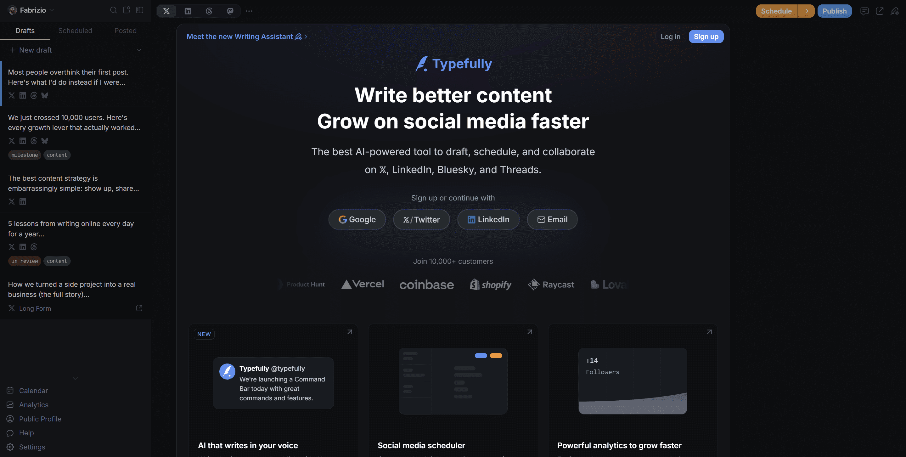 Typefully's minimalist thread composer and multi-platform scheduling for X, LinkedIn, and more