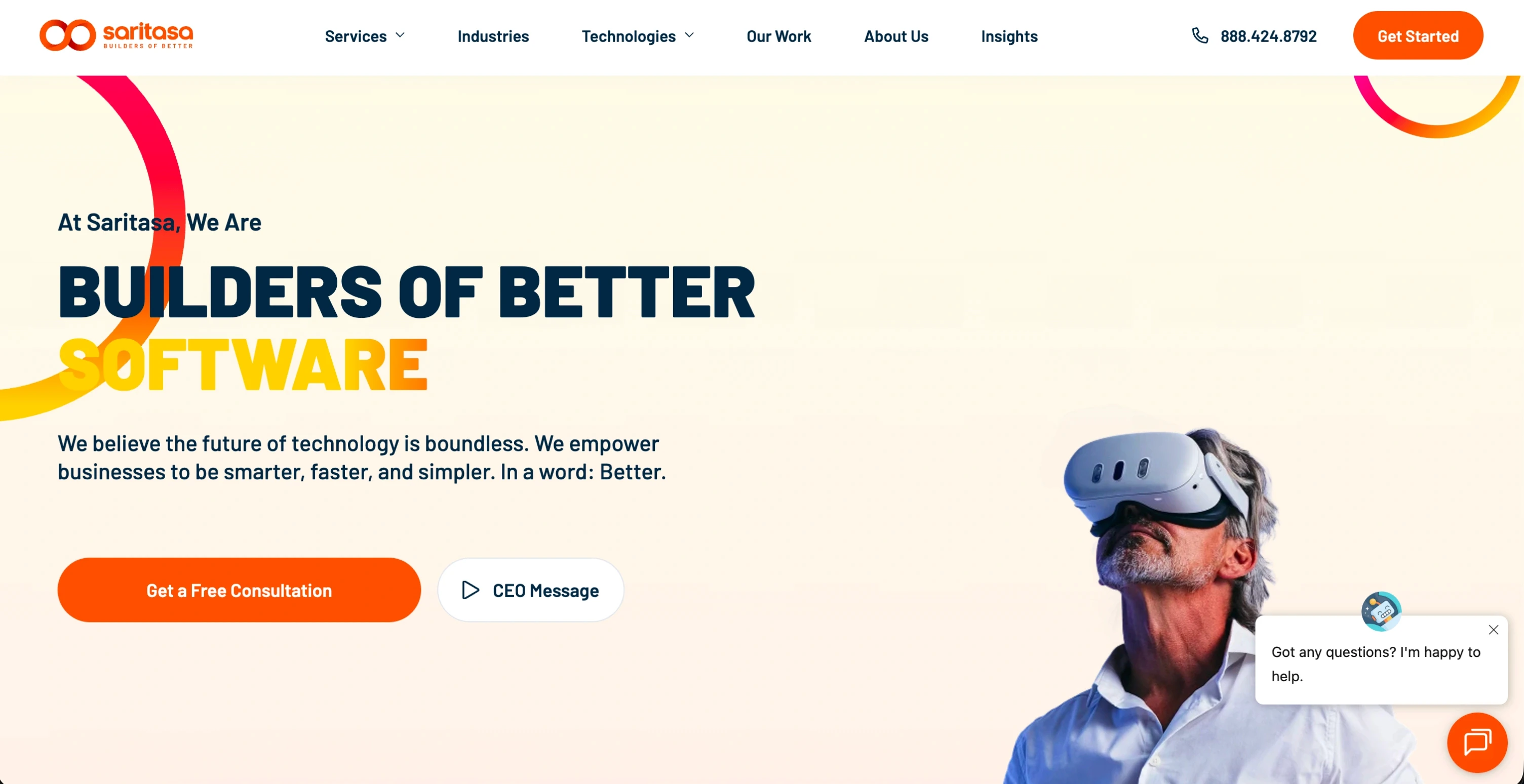 Saritasa software development company homepage with a person wearing a VR headset, a multi-technology Apple Vision Pro development agency based in Irvine California