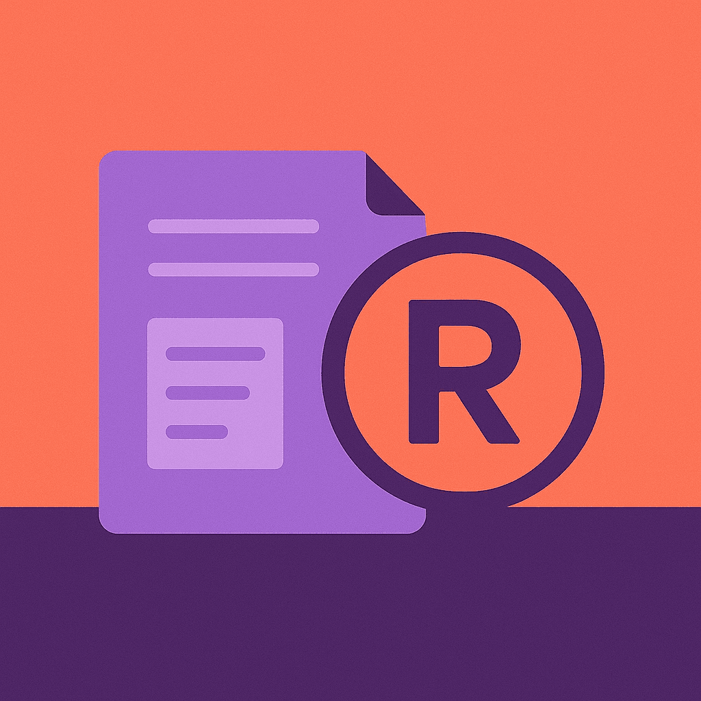 Stylised document and registered trade mark symbol, representing drafting the right goods and services specification for a trade mark application.