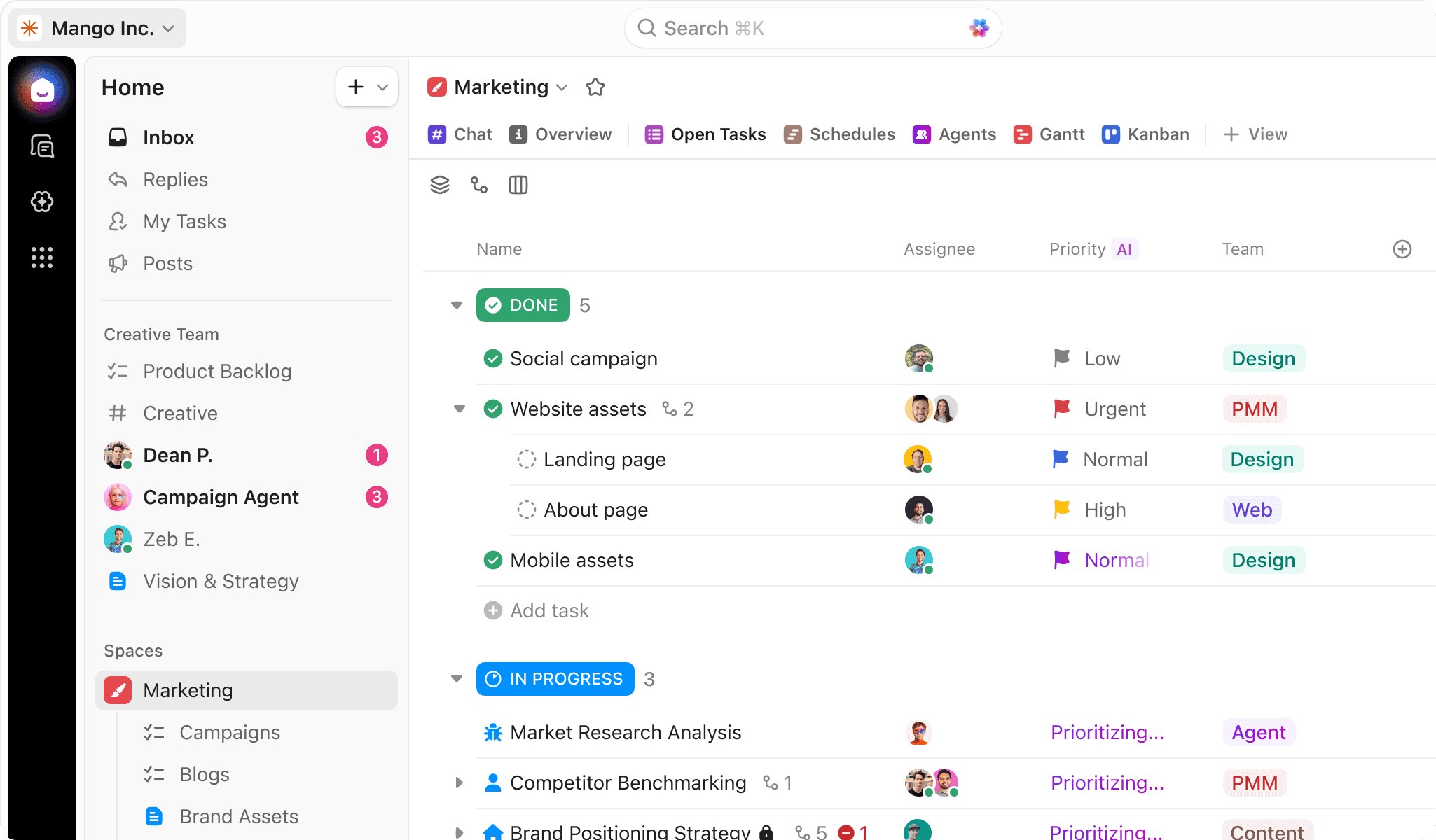 ClickUp list of projects