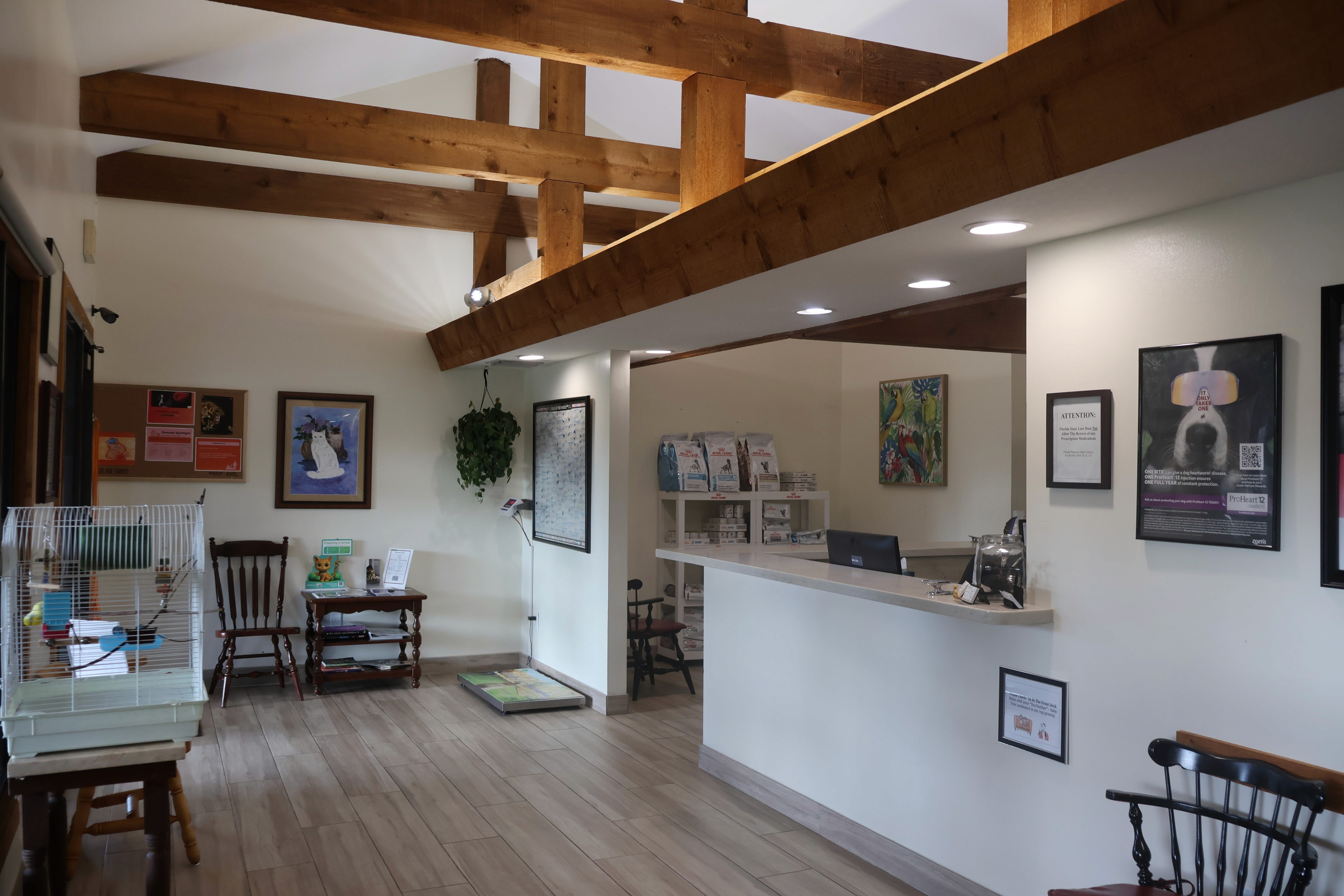 front lobby showing the right side of the room with waiting chairs, pet food, and bart's cage.