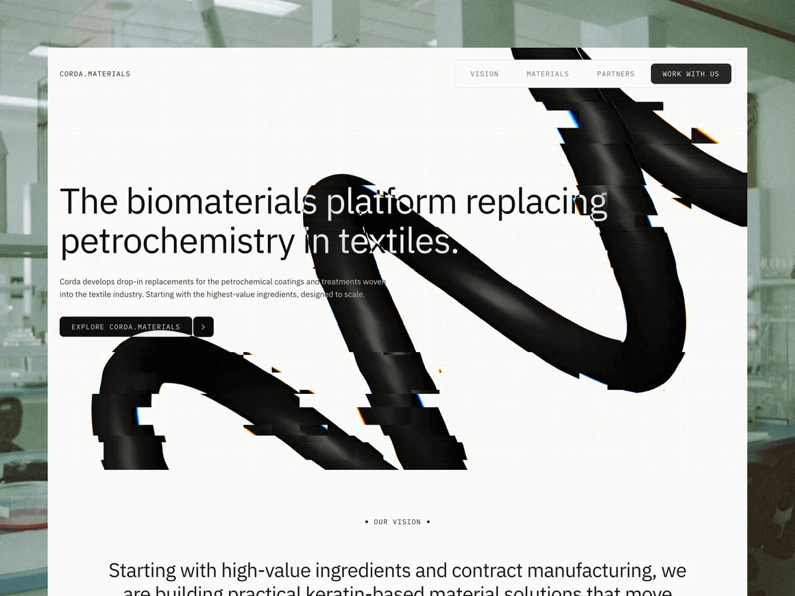 Biomaterials startup hero section featuring a neutral monochromatic palette and technical presentation.