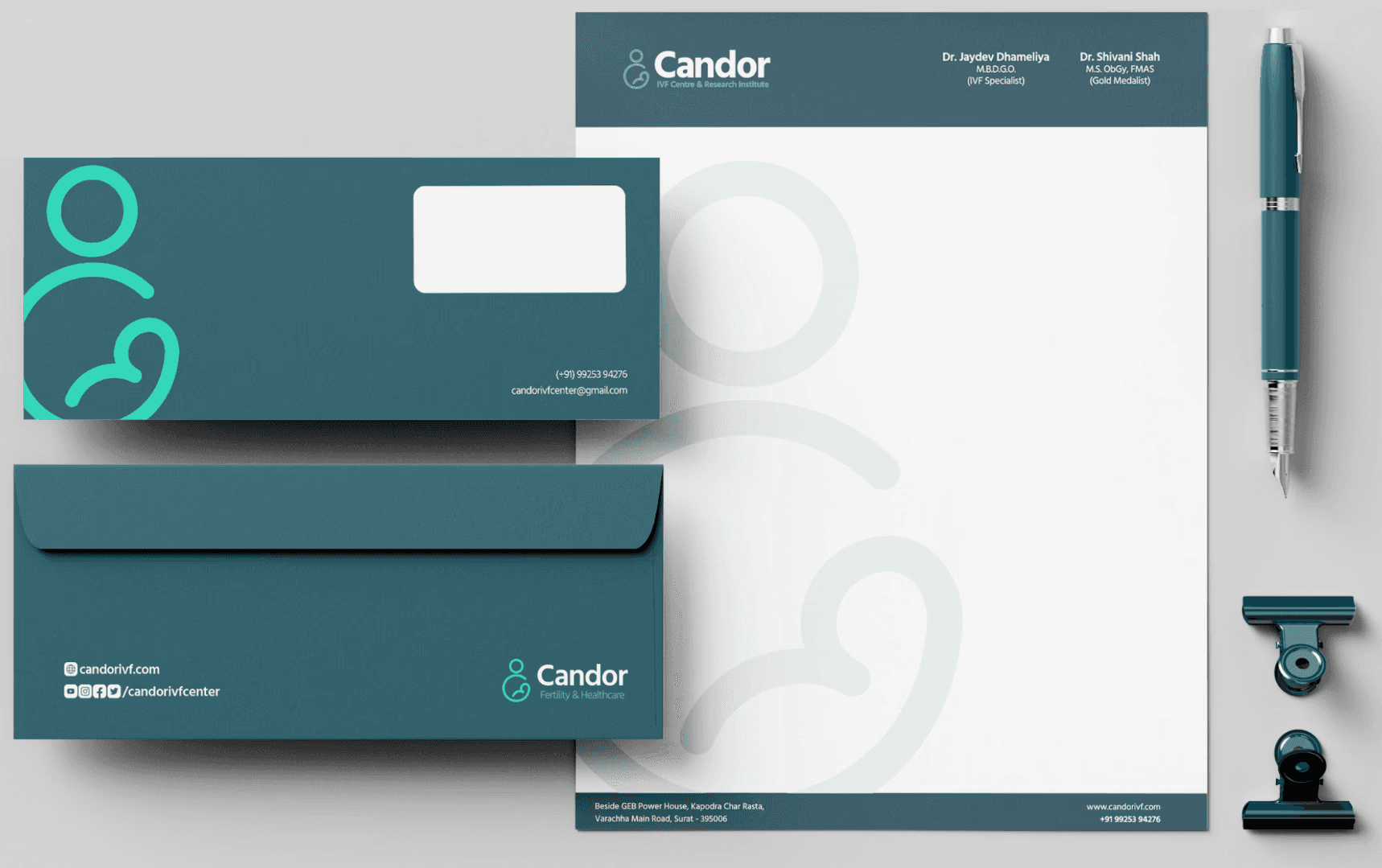 candor ivf stationery, letterhead, envelope, pen mockup