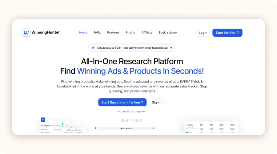 page d’accueil de Winning Hunter