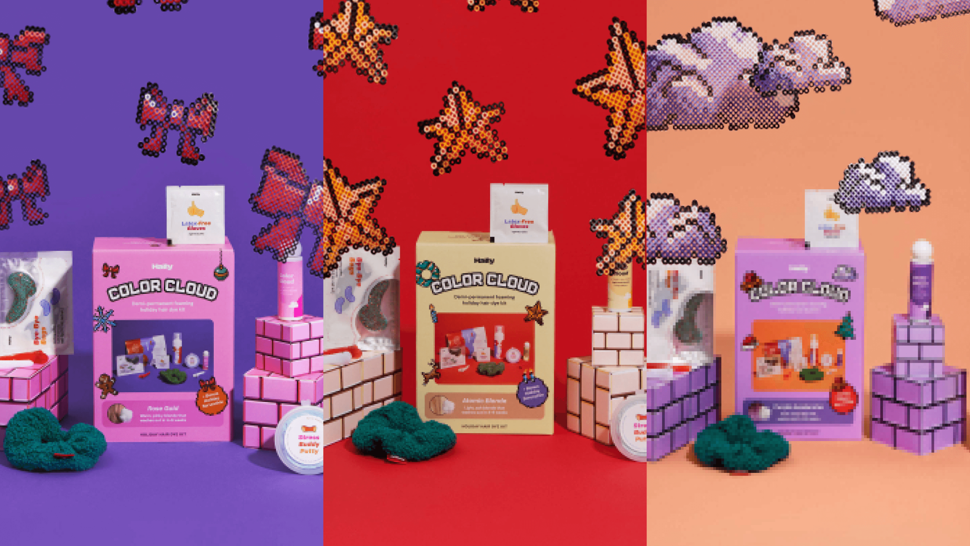 Three Color Cloud holiday kits, Rose Gold and Atomic Blonde among them, sit beside hand-beaded Perler bows, stars, and clouds.