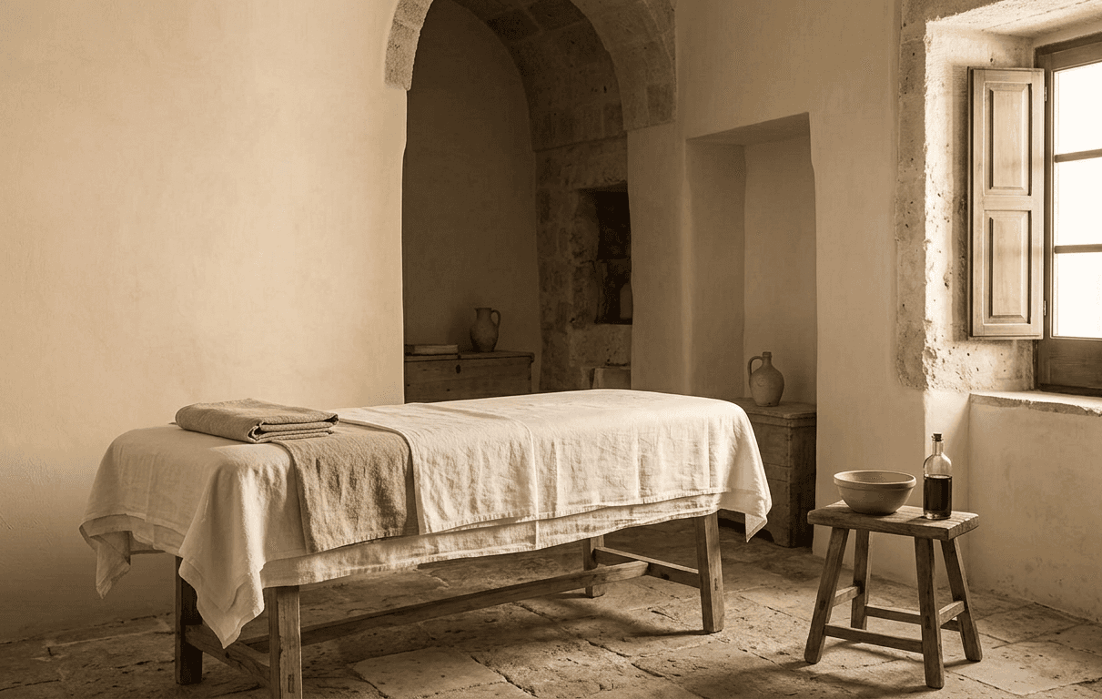 A linen-draped treatment table in a lime-plastered room, with oil and a bowl on a wooden stool by a shuttered window