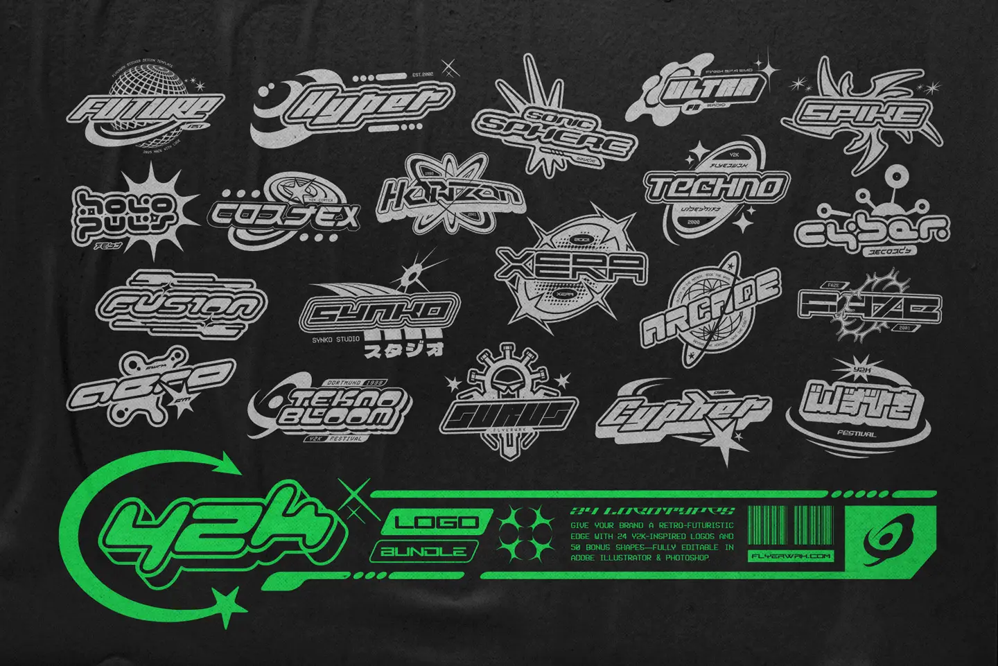 Y2K logotype bundle featuring twenty four editable retro futuristic templates with green neon graphic accents