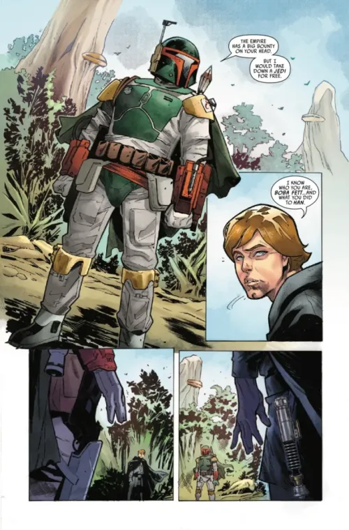 Preview page for Star Wars: Galaxy's Edge - Echoes of the Empire #1 featuring Luke Skywalker and Boba Fett in a standoff