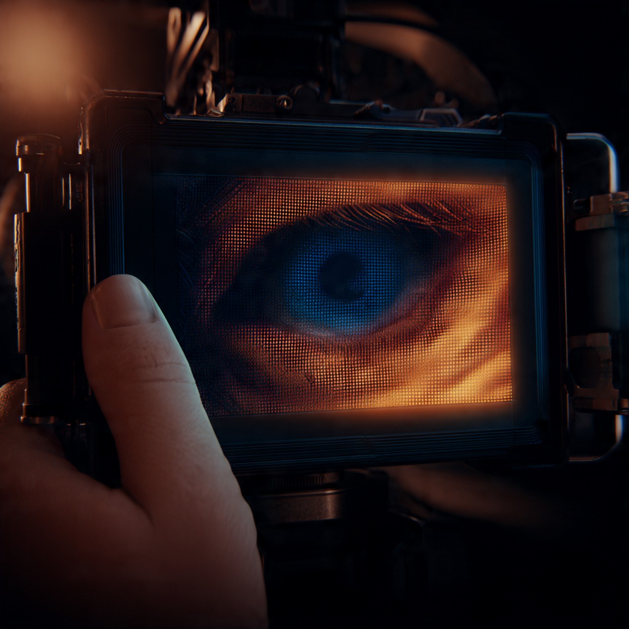 Close-up of a screen displaying a blue eye. A hand holds the device, giving a futuristic tech vibe.