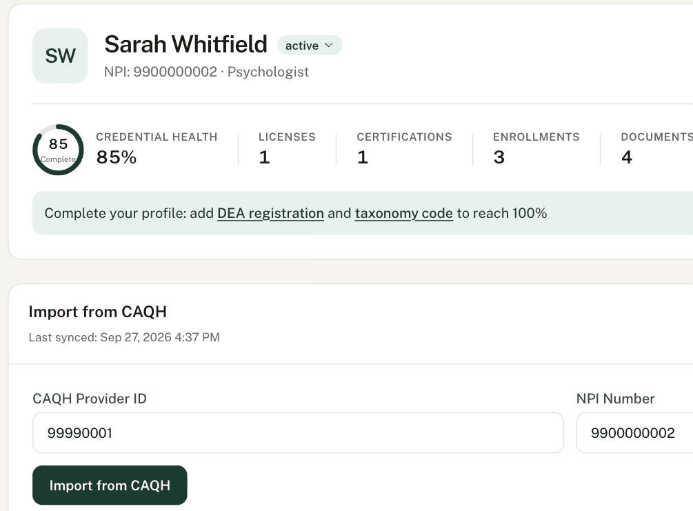 A provider profile in Lanyard showing credential health at 85 percent and CAQH data last synced