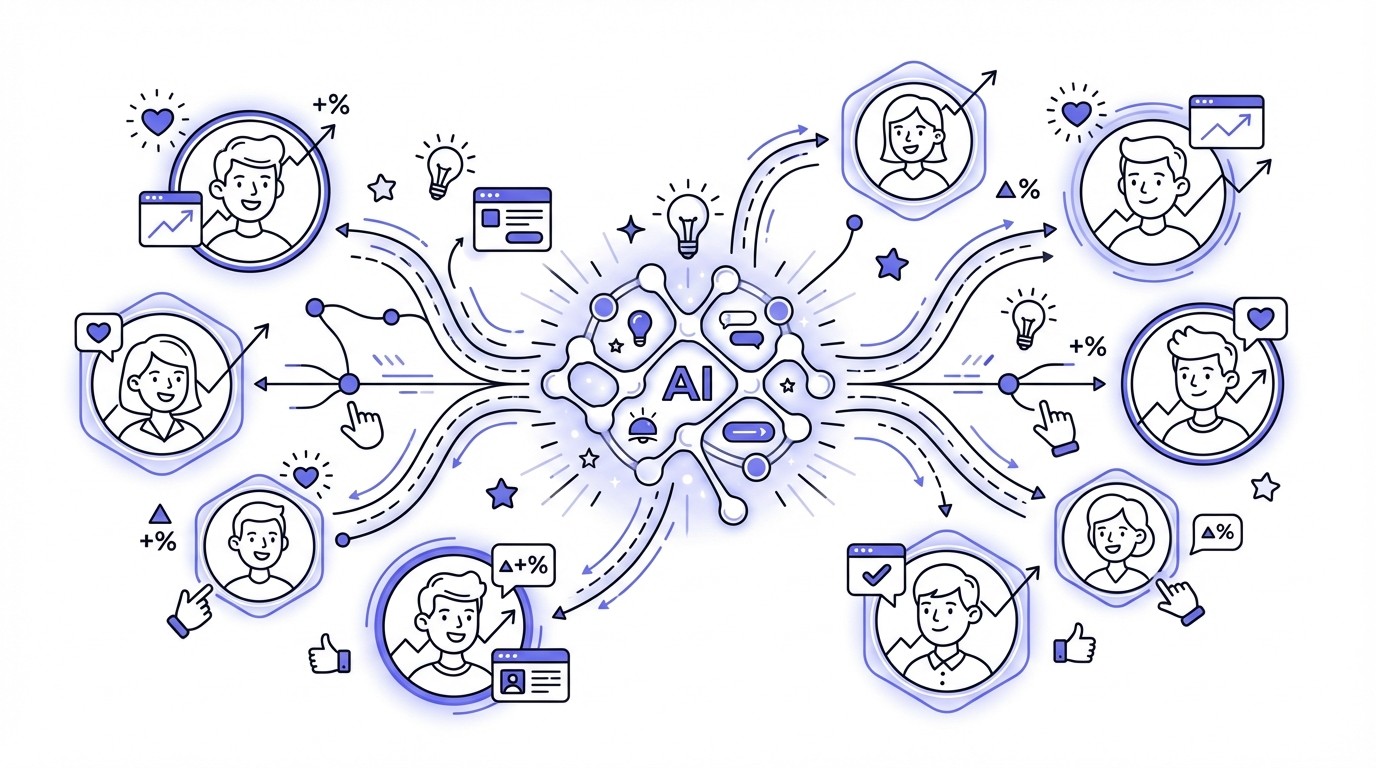 An abstract infographic background showing a central glowing AI brain or neural network connecting to multiple user profiles, each displaying upward trending data, percentage increases, and engagement symbols, all in a modern tech style.