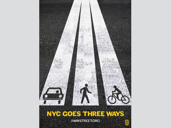 A black and white graphic depicts a pedestrian crossing with three white stripes on a dark surface. A car is on the left, a person walking in the center, and a cyclist on the right. The text “NYC GOES THREE WAYS” appears in yellow at the bottom, with “3WAYSTREET.ORG” below it in smaller white text.
