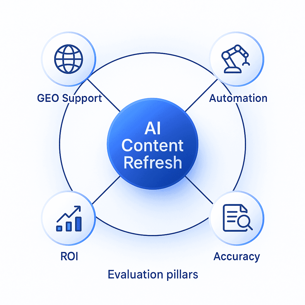 Four-pillar diagram showing GEO, automation, accuracy, and ROI encircling an AI content tool