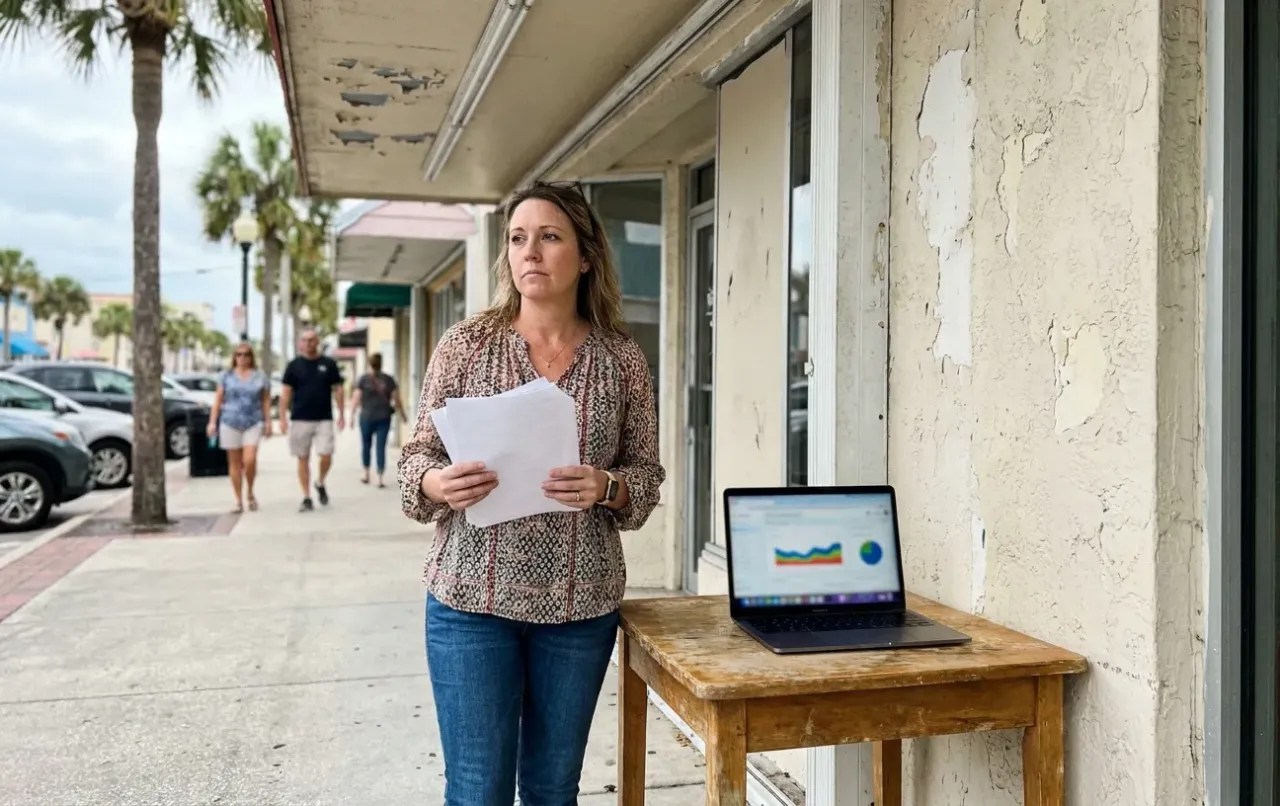 A woman is standing in front of a building with a laptop