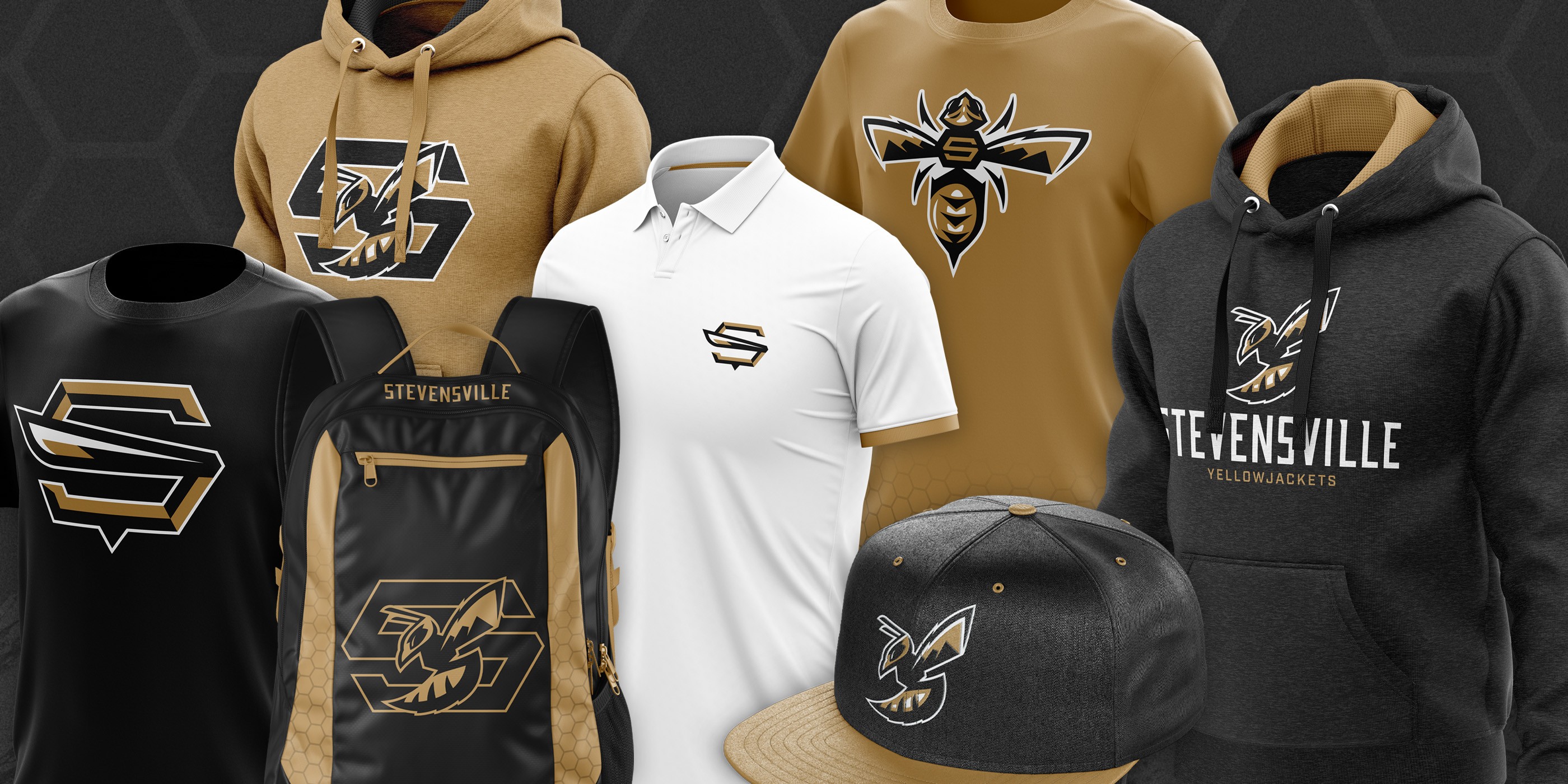 Stevensville School logo system mocked up on apparel, cap and backpack.