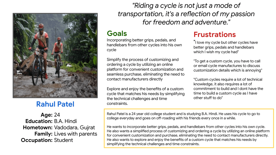 User persona of Rahul for CustomSpokes