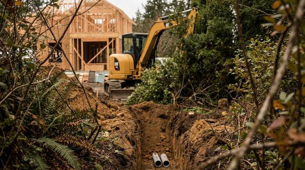 Excavator trenching drainage pipe beside a new house frame, Sunshine Coast