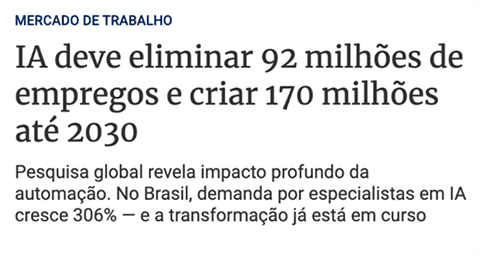 Card de notícia com a chamada “IA deve eliminar 92 milhões de empregos e criar 170 milhões até 2030”, falando sobre o impacto da automação e o crescimento da demanda por especialistas em IA, especialmente no Brasil.